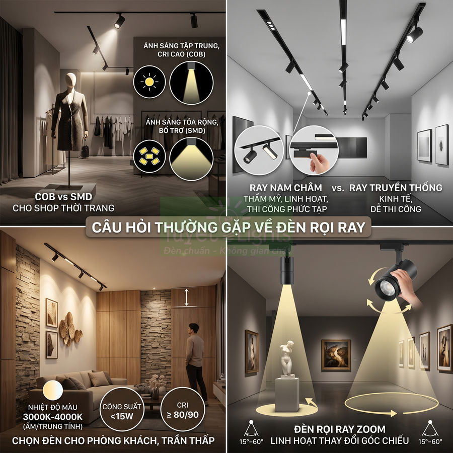 Đèn rọi ray COB và SMD chiếu sáng phòng khách, cửa hàng thời trang và phòng trưng bày nghệ thuật