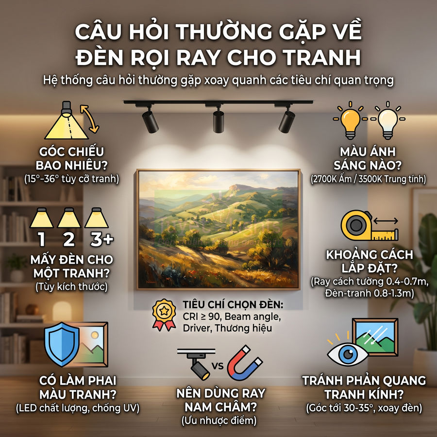 Đèn rọi ray LED chiếu tranh treo tường trong phòng khách, minh họa các tiêu chí chọn đèn và lắp đặt chiếu sáng tranh