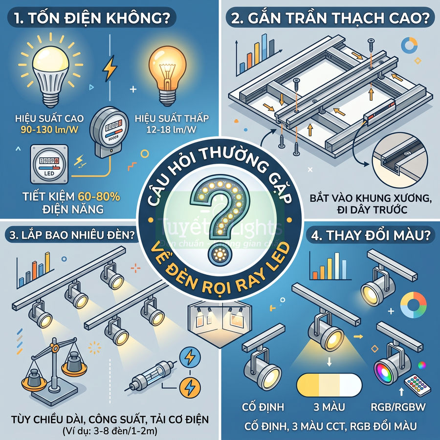 Infographic giải đáp câu hỏi thường gặp về đèn rọi ray LED, ưu điểm tiết kiệm điện và lắp đặt linh hoạt