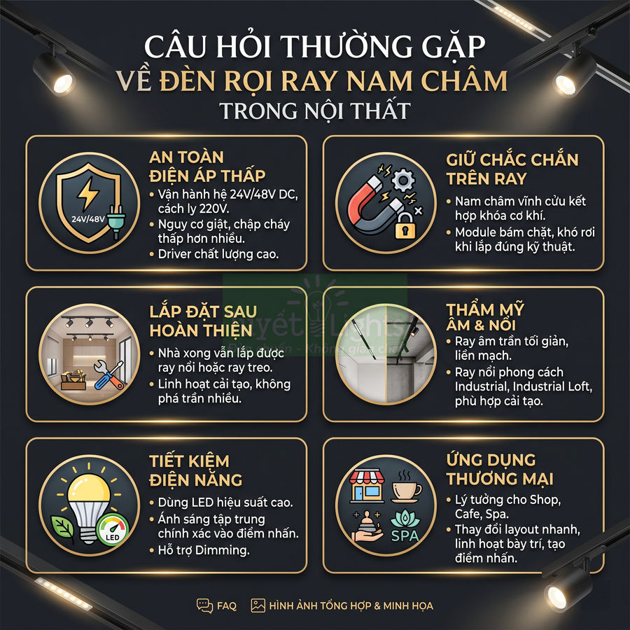 Infographic giới thiệu ưu điểm và ứng dụng của đèn rọi ray nam châm trong nội thất và thương mại