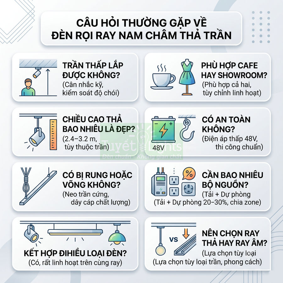 Infographic giải đáp câu hỏi thường gặp về đèn rọi ray nam châm thả trần cho nhà ở, quán cafe, showroom
