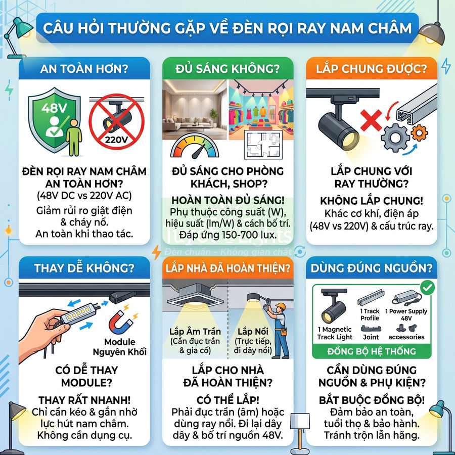 Infographic giải đáp câu hỏi thường gặp về đèn rọi ray nam châm 48V cho nhà ở và cửa hàng