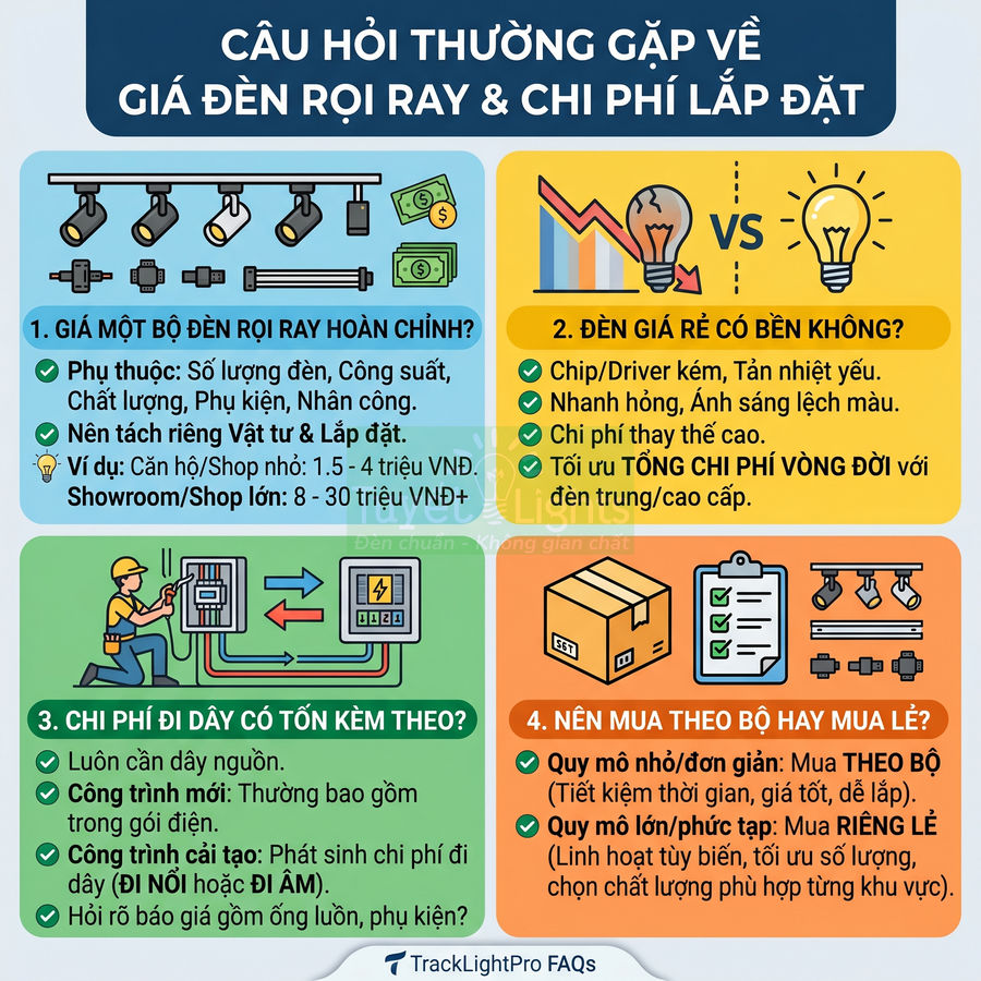 Infographic giải đáp câu hỏi về giá đèn rọi ray, chi phí lắp đặt và nên mua bộ hay mua lẻ