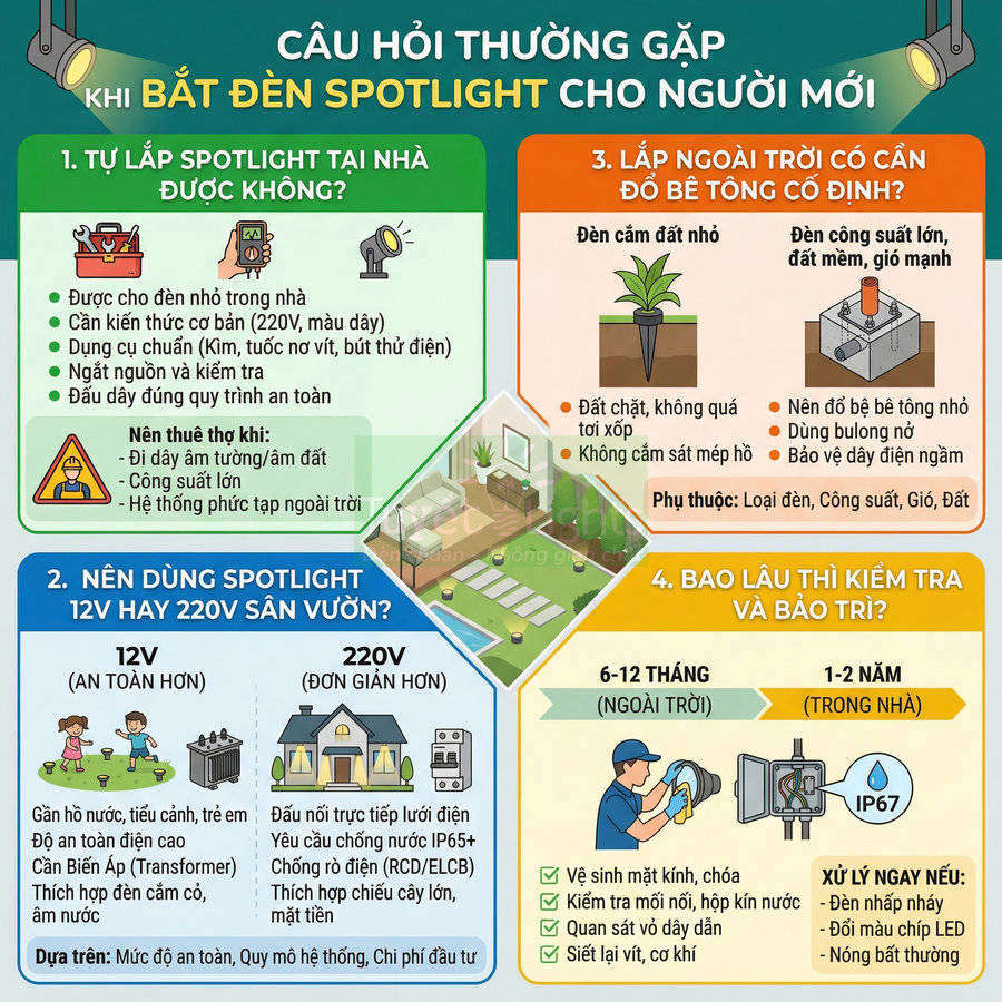 Hướng dẫn chọn và lắp đặt đèn spotlight sân vườn, trong nhà, cách bảo trì và kiểm tra định kỳ