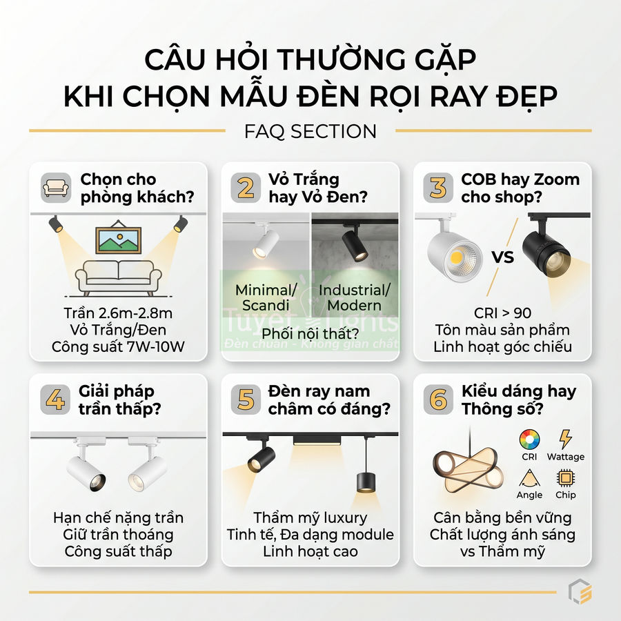 Hướng dẫn chọn mẫu đèn rọi ray đẹp cho phòng khách, shop với các loại đèn ray trắng đen, COB, zoom và nam châm