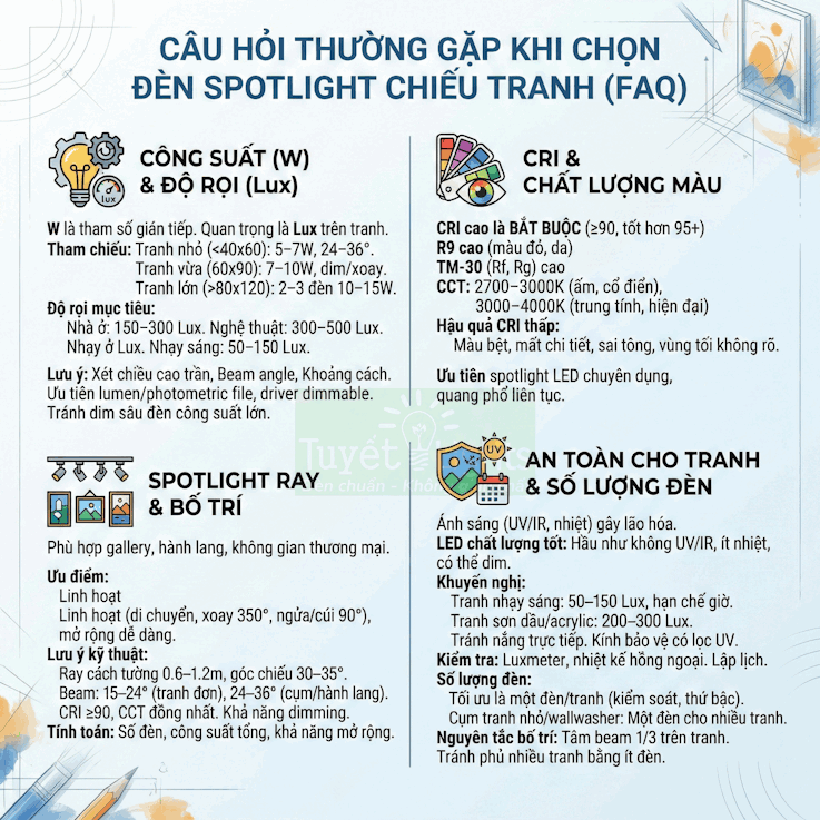 Infographic hướng dẫn chọn đèn spotlight chiếu tranh LED an toàn cho tranh và không gian trưng bày