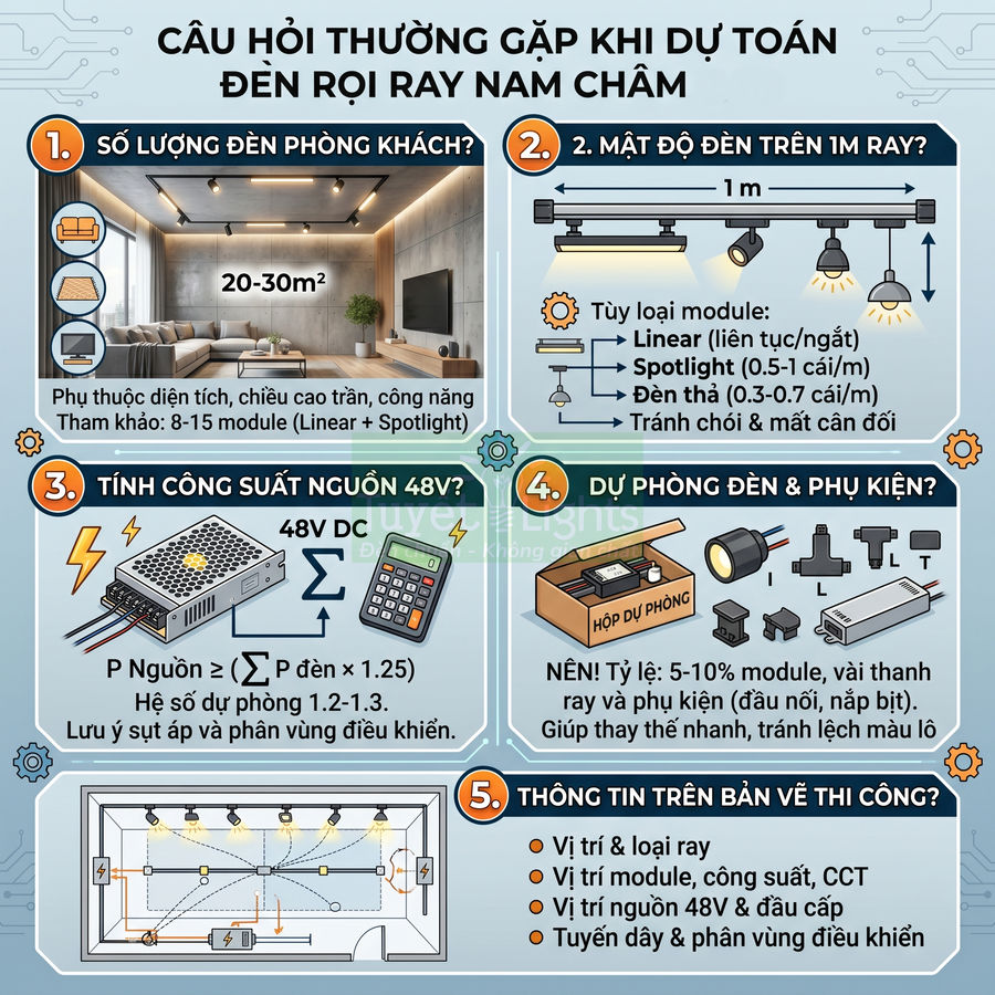 Hướng dẫn tính số lượng, công suất và bố trí đèn rọi ray nam châm 48V cho phòng khách và bản vẽ thi công