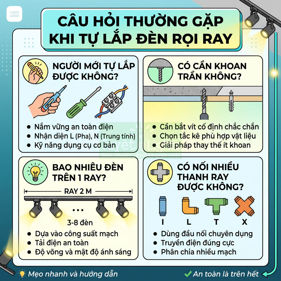 Hướng dẫn lắp đặt đèn rọi ray trần nhà, giải đáp số lượng đèn trên ray và cách nối nhiều thanh ray an toàn