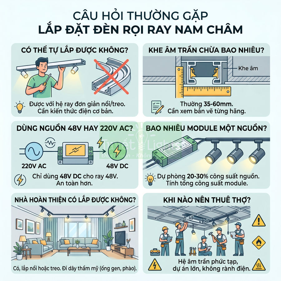 Hướng dẫn lắp đặt đèn rọi ray nam châm 48V cho trần nhà, gồm khe âm trần và nguồn cấp module