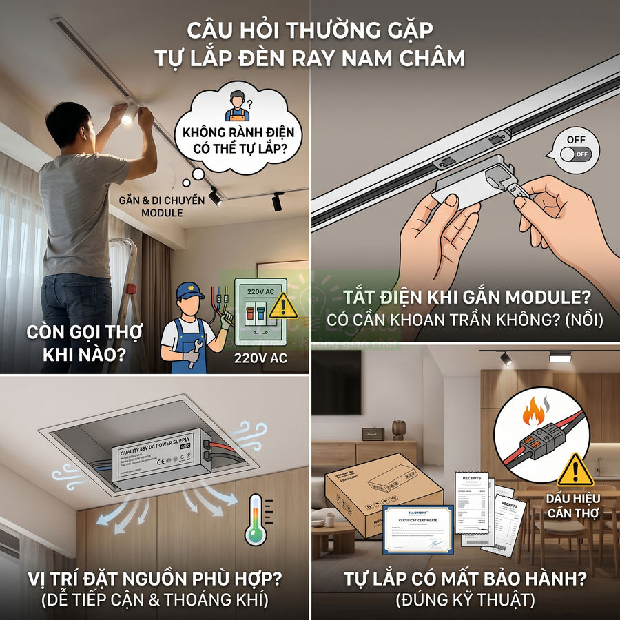 Hướng dẫn tự lắp đèn ray nam châm trong nhà với các lưu ý an toàn điện và bảo hành