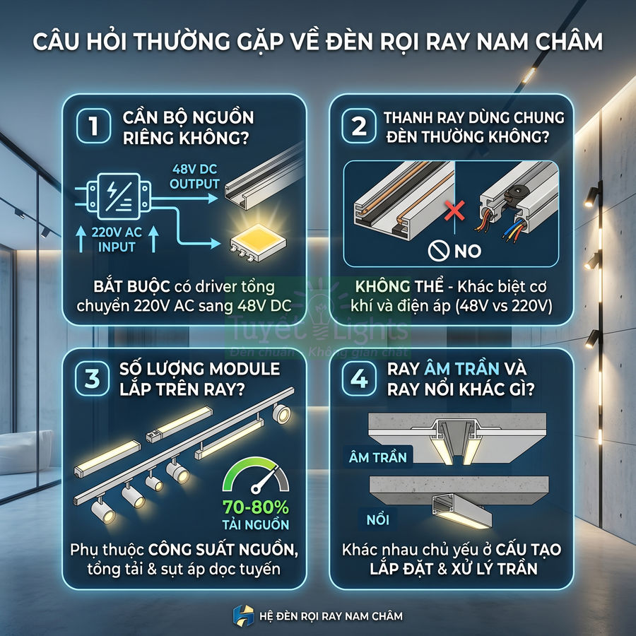 Infographic giải đáp câu hỏi thường gặp về hệ đèn rọi ray nam châm âm trần và ray nổi