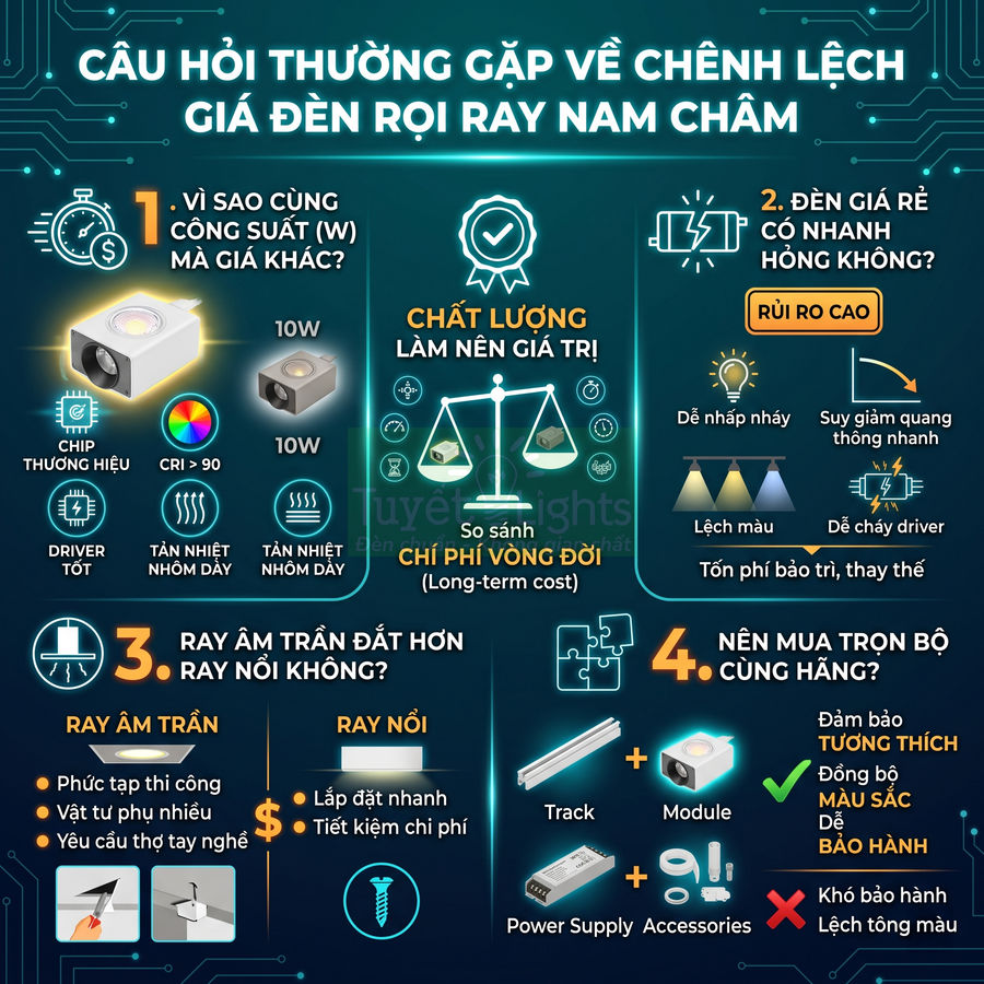 Infographic giải thích lý do chênh lệch giá và lợi ích của đèn rọi ray nam châm, so sánh chất lượng và chi phí vòng đời