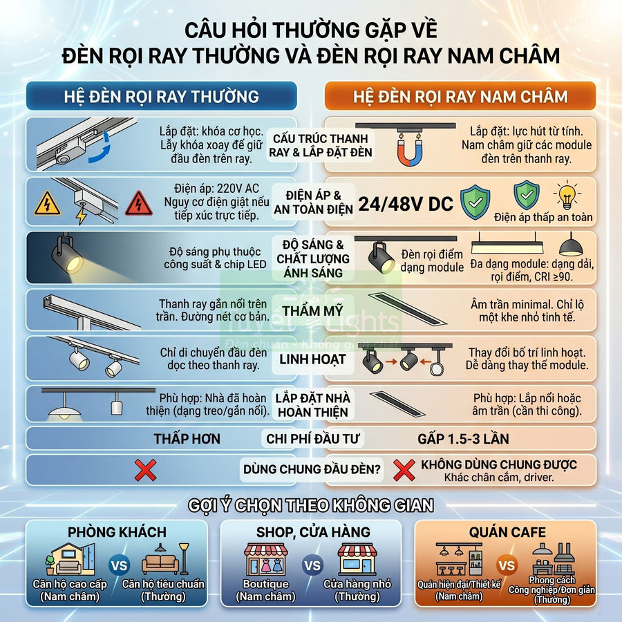 So sánh hệ đèn rọi ray thường và đèn rọi ray nam châm, ưu nhược điểm và gợi ý chọn cho từng không gian