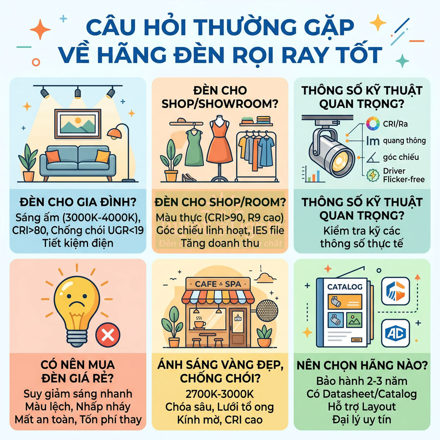 Infographic tư vấn chọn hãng đèn rọi ray tốt cho gia đình, shop, quán cafe với thông số kỹ thuật và lưu ý mua hàng
