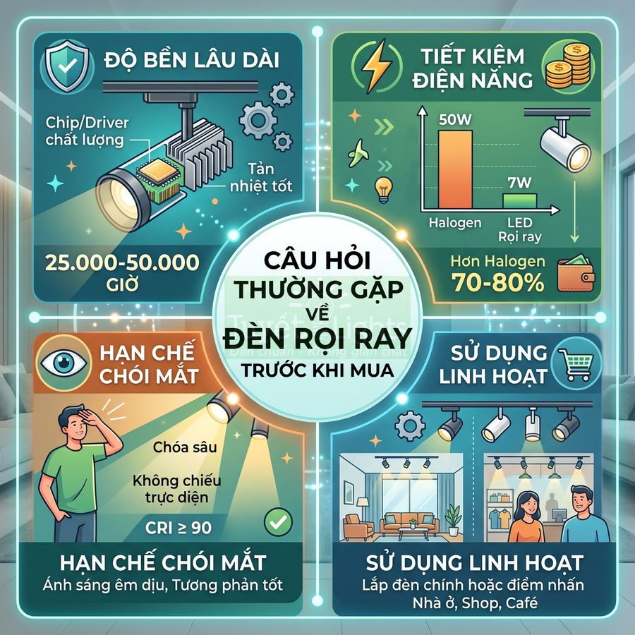 Infographic giới thiệu ưu điểm đèn rọi ray LED: bền lâu, tiết kiệm điện, hạn chế chói mắt, lắp linh hoạt trong nhà ở và cửa hàng