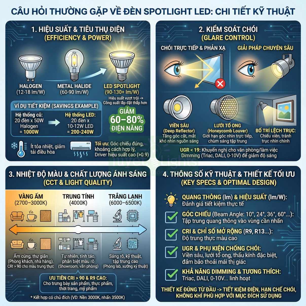 Infographic hướng dẫn chọn đèn spotlight LED: hiệu suất, kiểm soát chói, nhiệt độ màu và thông số kỹ thuật tối ưu