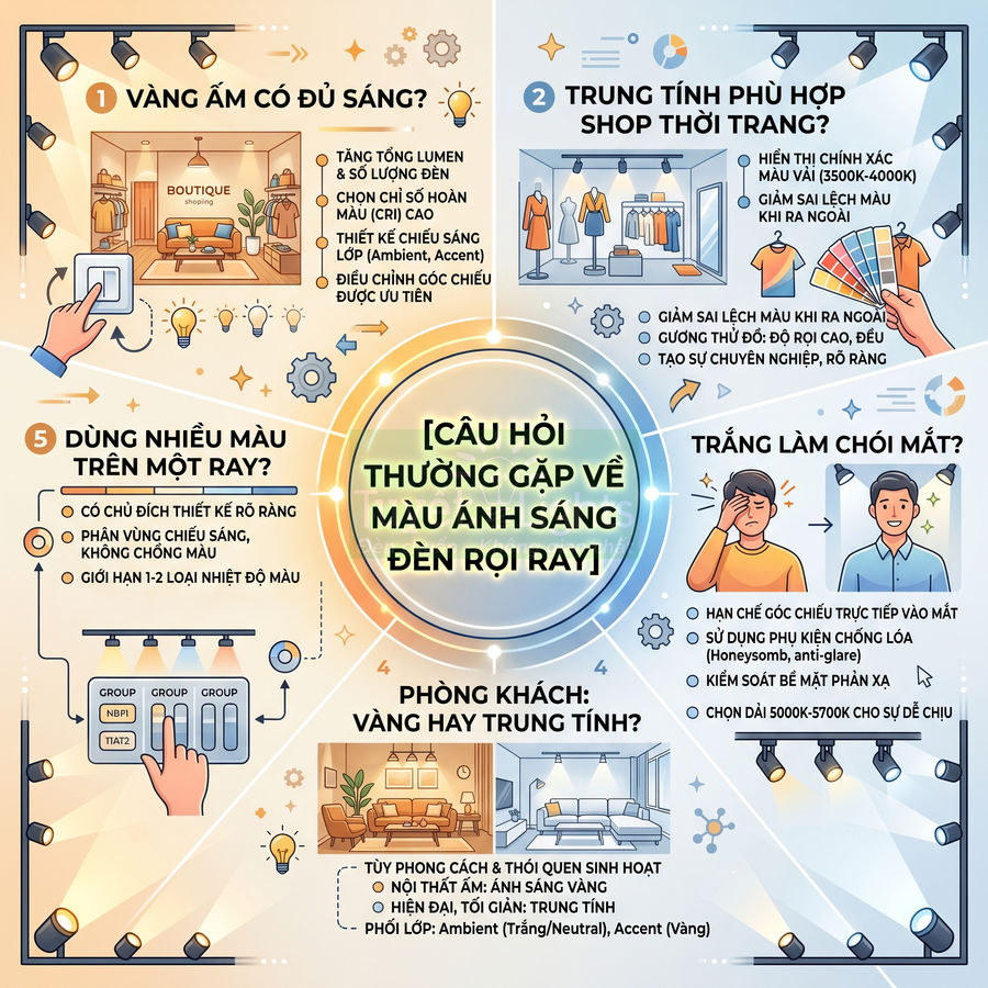 Infographic hướng dẫn chọn màu ánh sáng cho đèn rọi ray cho phòng khách và shop thời trang