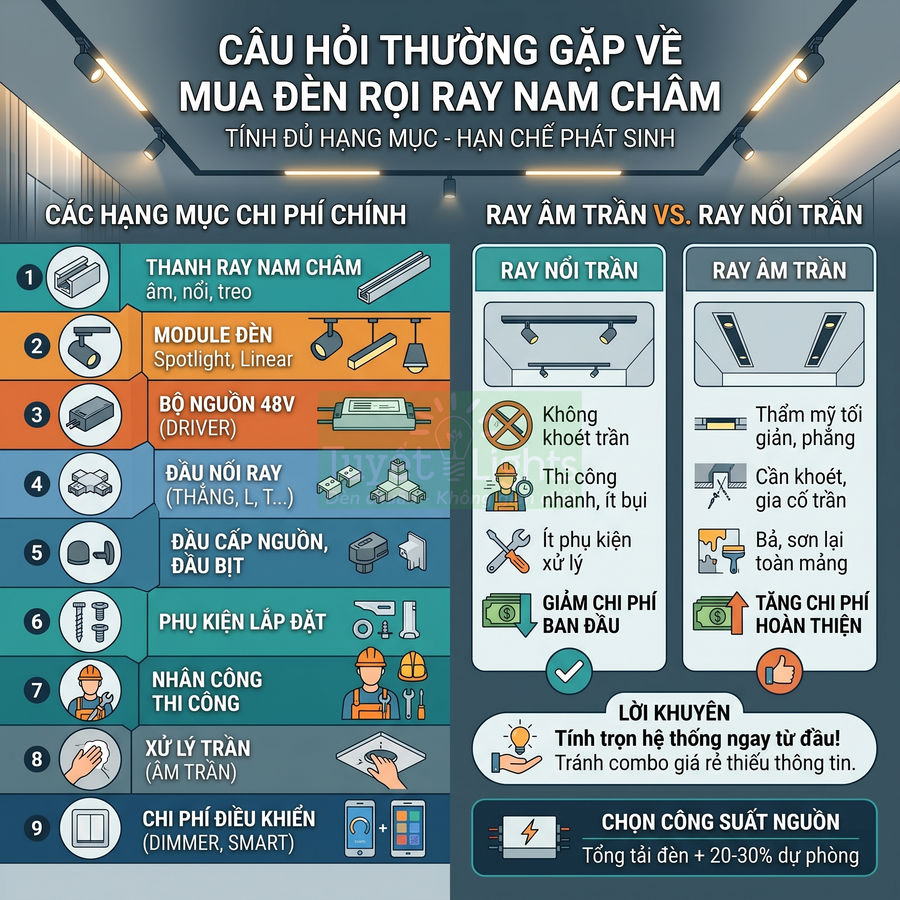 Infographic hướng dẫn chọn mua đèn rọi ray nam châm, so sánh ray âm trần và ray nổi trần, liệt kê các hạng mục chi phí