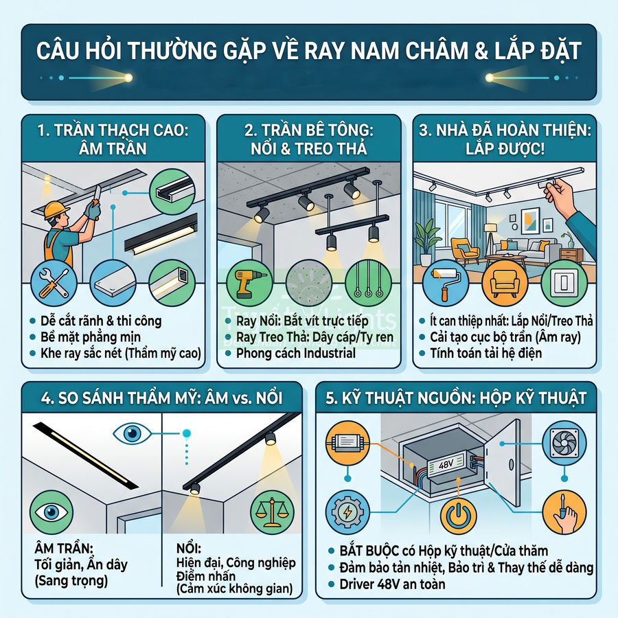 Infographic hướng dẫn lắp đặt ray nam châm âm trần và nổi cho trần thạch cao, trần bê tông và nhà đã hoàn thiện