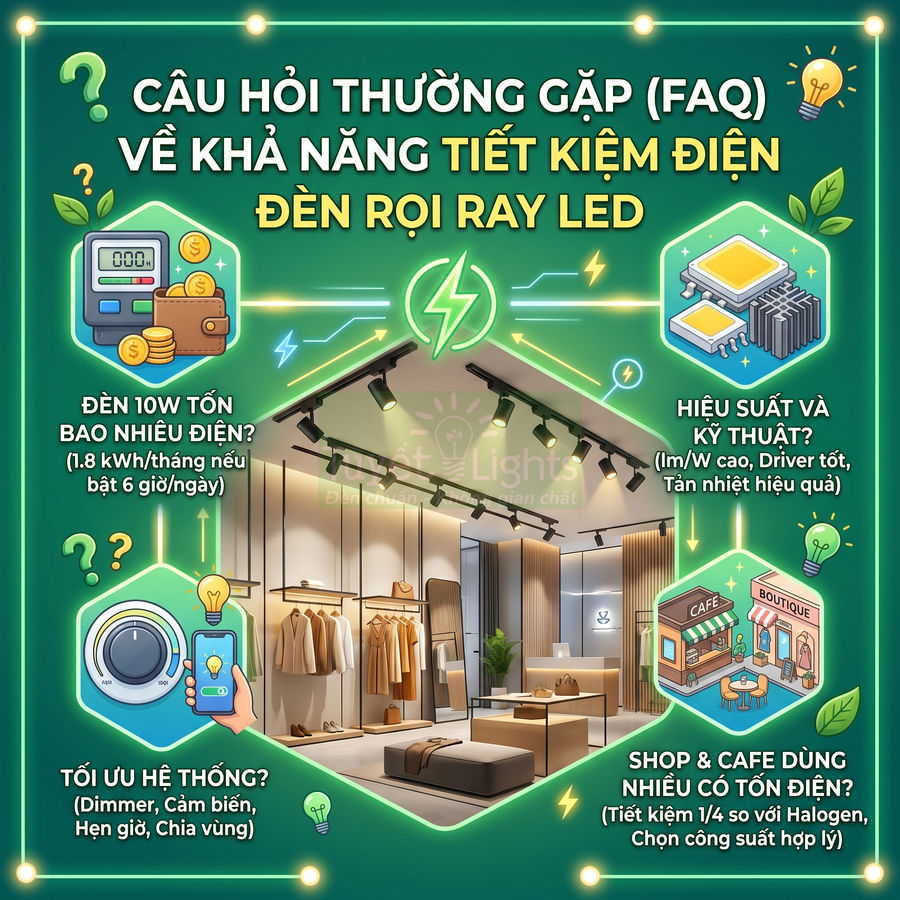 Infographic giới thiệu khả năng tiết kiệm điện của đèn rọi ray LED cho shop thời trang và quán cafe