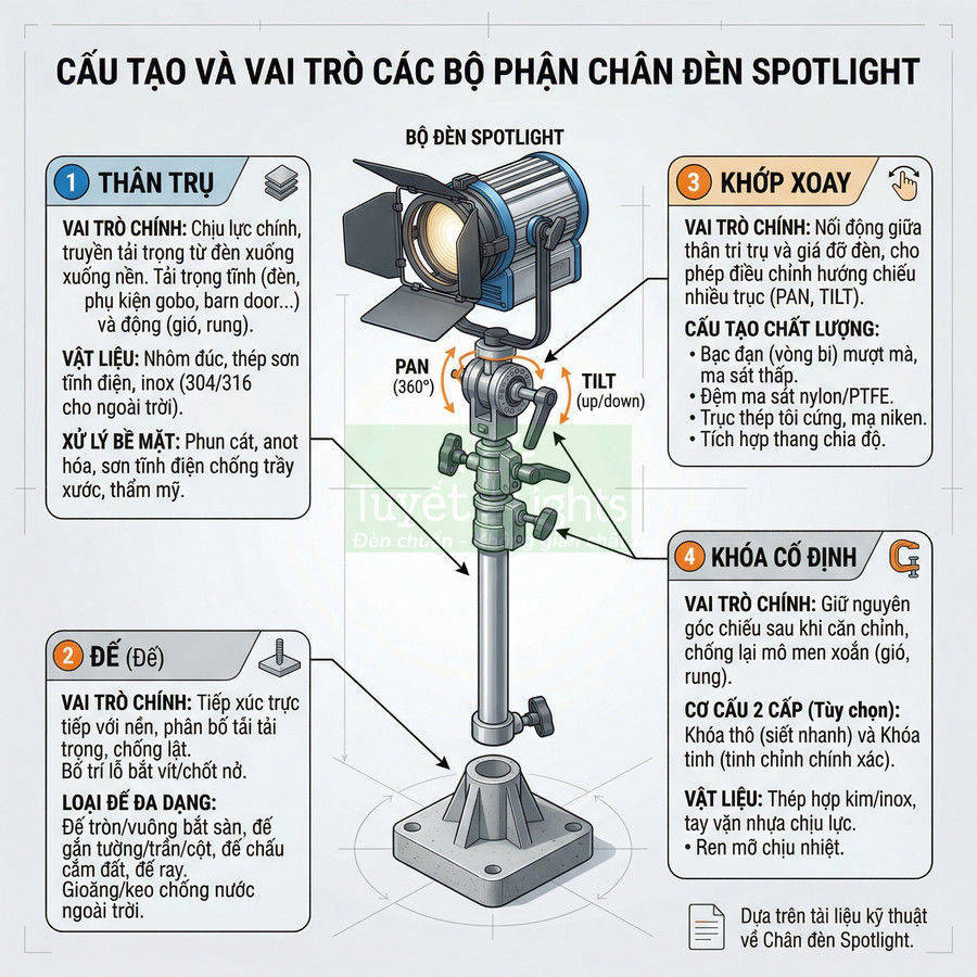 Cấu tạo chân đèn spotlight với thân trụ, khớp xoay, khóa cố định và đế kim loại vững chắc