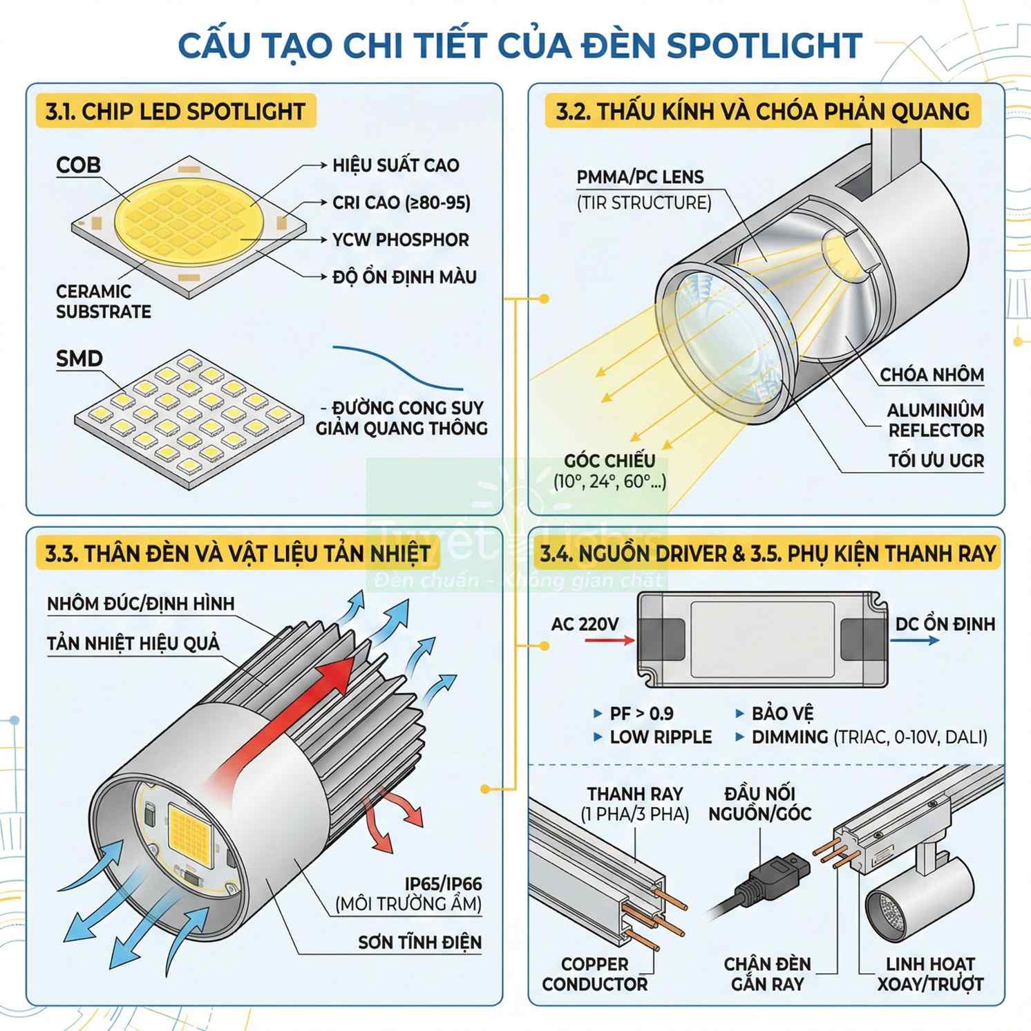 Cấu tạo chi tiết đèn spotlight LED gồm chip COB, thấu kính, thân tản nhiệt, nguồn driver và phụ kiện thanh ray