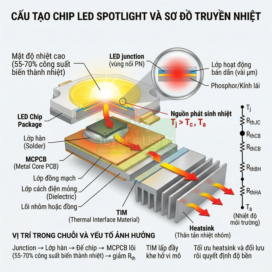 Cấu tạo chip LED spotlight và sơ đồ truyền nhiệt với các lớp vật liệu và tản nhiệt nhôm