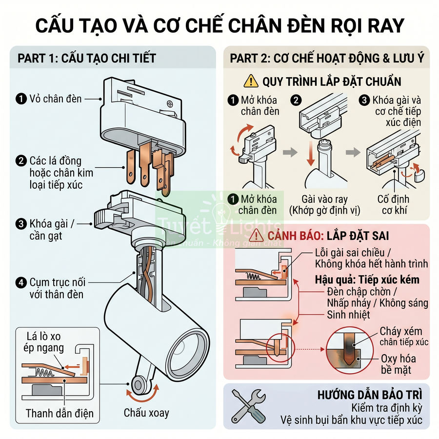 Cấu tạo và cơ chế hoạt động chân đèn rọi ray, hướng dẫn lắp đặt đúng và cảnh báo lỗi thường gặp