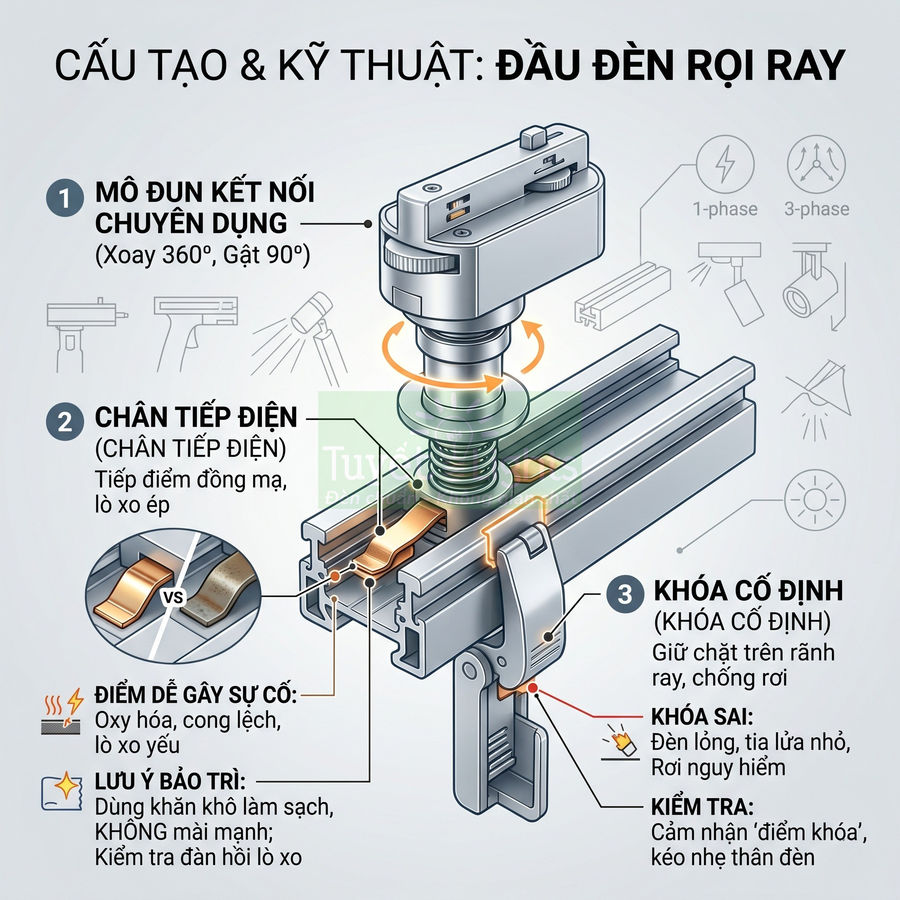 Cấu tạo kỹ thuật đầu đèn rọi ray với mô đun kết nối, chân tiếp điện và khóa cố định trên thanh ray