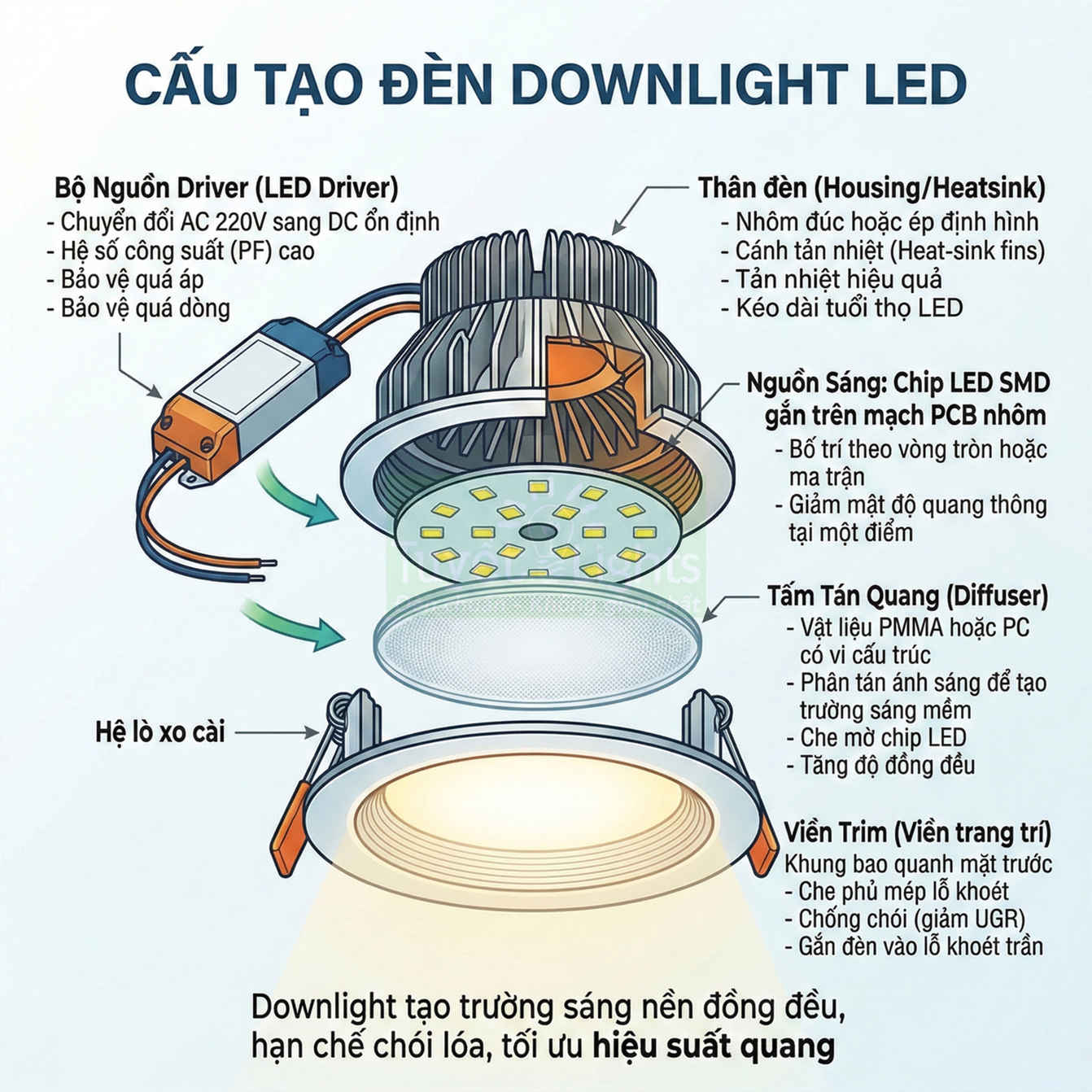 Cấu tạo đèn downlight LED với driver, thân tản nhiệt, chip LED SMD, tấm tán quang và viền trang trí