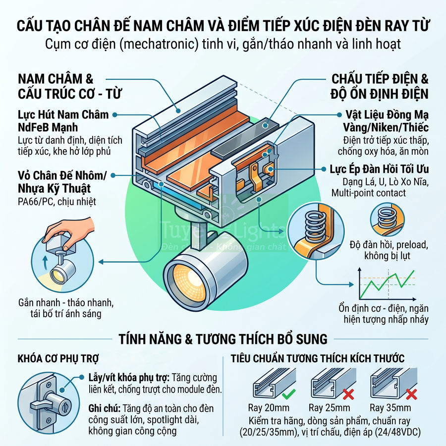 Cấu tạo chân đế nam châm và điểm tiếp xúc điện của đèn ray từ gắn trần, tháo lắp nhanh linh hoạt