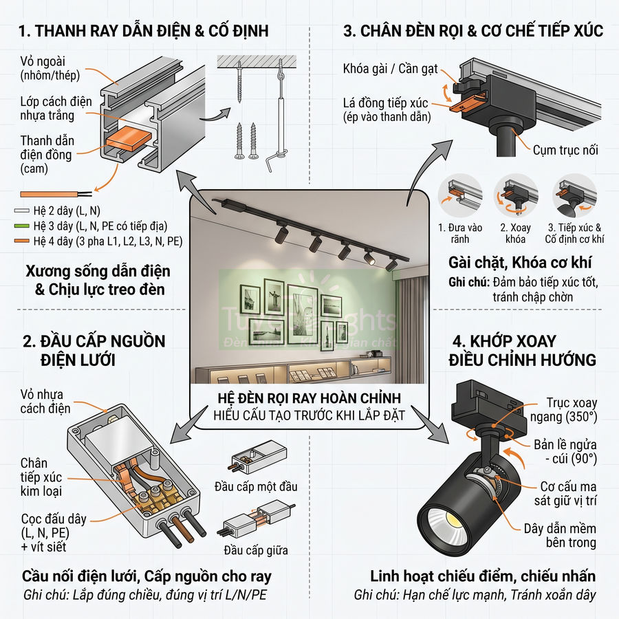 Cấu tạo hệ đèn rọi ray trượt màu đen trong phòng trưng bày, minh họa chi tiết thanh ray và đầu nối điện
