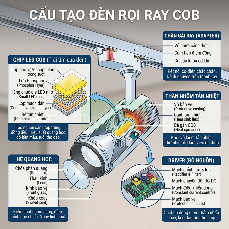 Cấu tạo đèn rọi ray COB chi tiết các bộ phận chip LED, thân nhôm tản nhiệt, hệ quang học và bộ nguồn