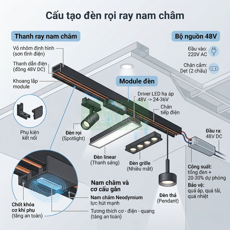 Cấu tạo đèn rọi ray nam châm 48V với thanh ray, module đèn spotlight, linear, grille và đèn thả