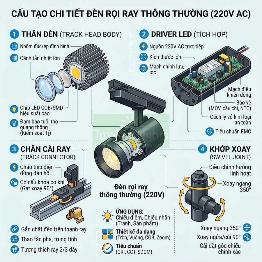 Cấu tạo chi tiết đèn rọi ray LED 220V với thân đèn, driver, chân cài ray và khớp xoay điều chỉnh hướng chiếu