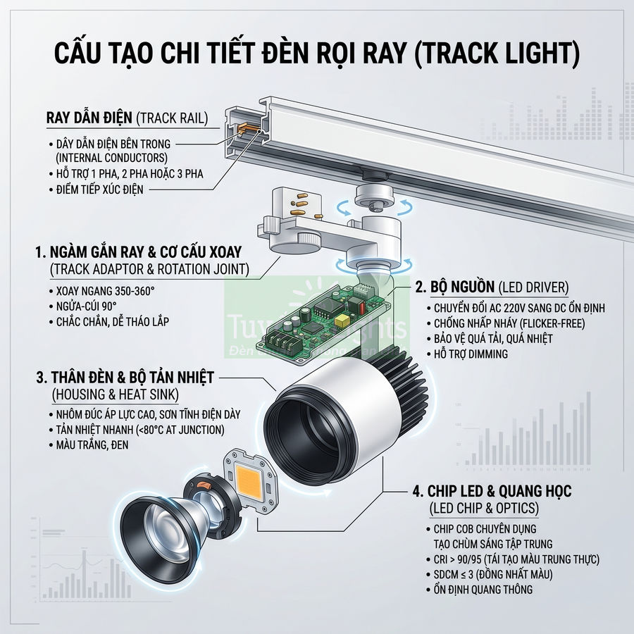 Cấu tạo chi tiết đèn rọi ray LED với ray dẫn điện, bộ nguồn, thân đèn tản nhiệt và chip LED quang học