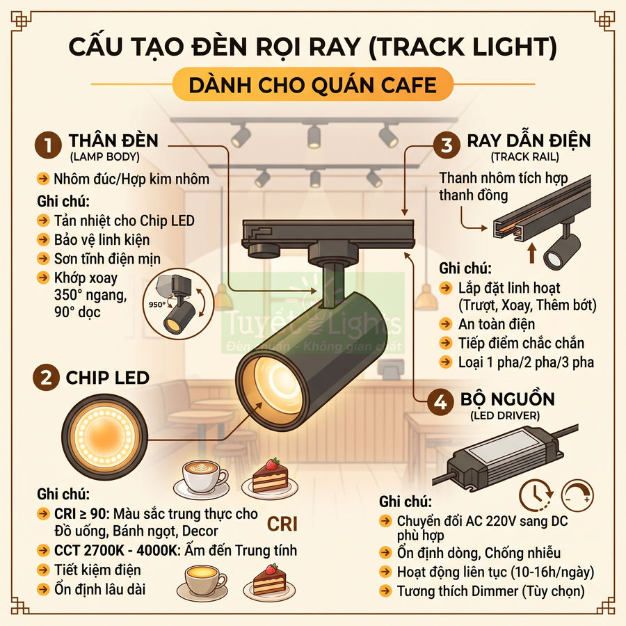 Cấu tạo đèn rọi ray LED cho quán cafe với thân đèn, chip LED, ray dẫn điện và bộ nguồn