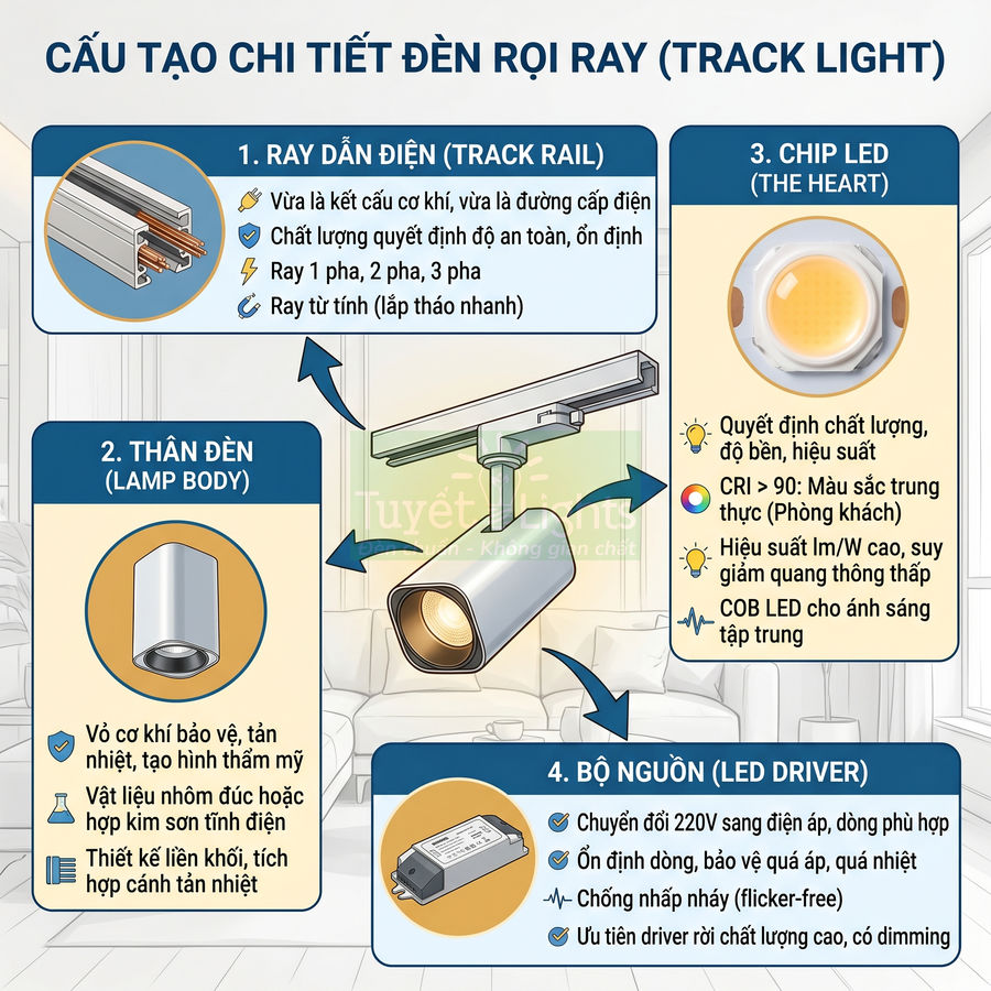 Cấu tạo chi tiết đèn rọi ray LED gồm ray dẫn điện, thân đèn, chip LED COB và bộ nguồn driver