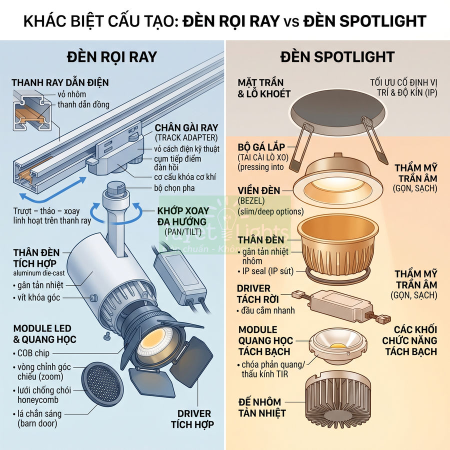 So sánh cấu tạo đèn rọi ray và đèn spotlight âm trần với các bộ phận và module LED chi tiết