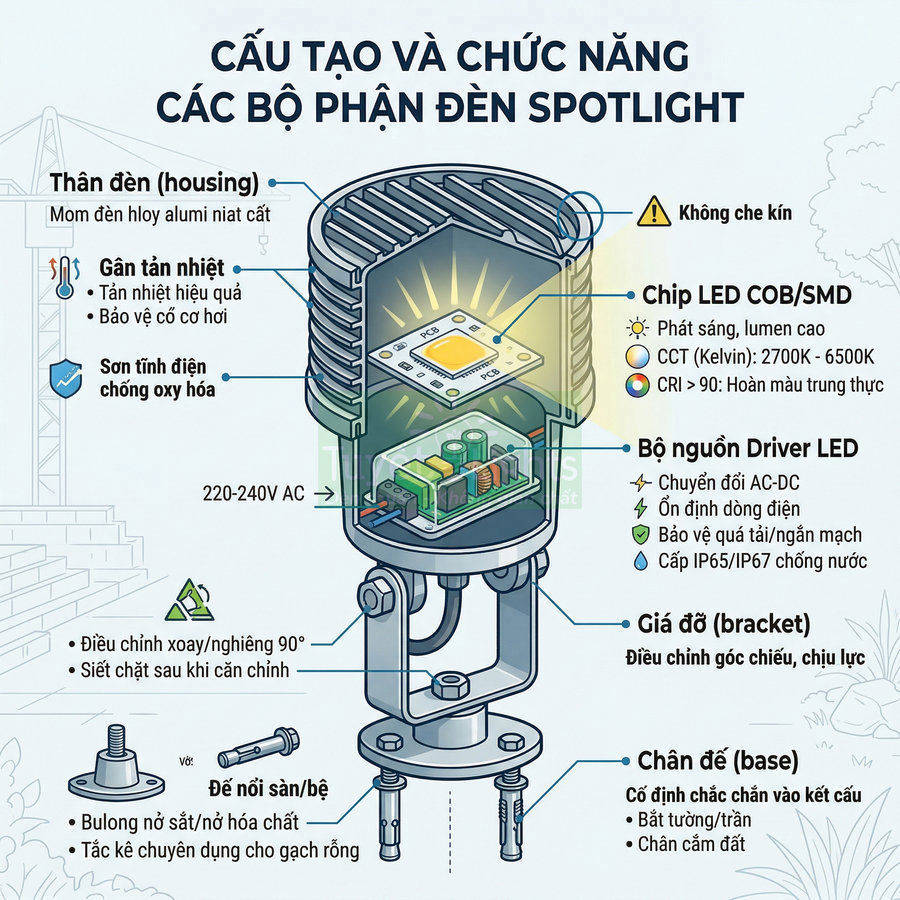 Cấu tạo chi tiết các bộ phận đèn LED spotlight gồm chip LED, driver, thân đèn, giá đỡ và chân đế