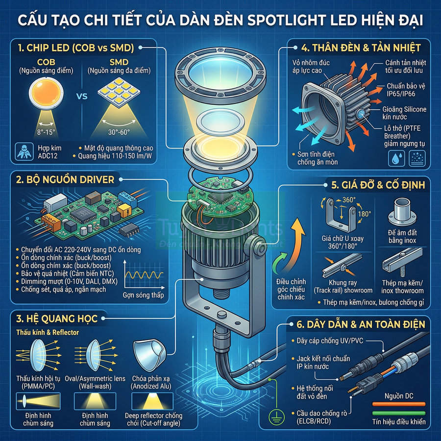 Cấu tạo chi tiết của đèn spotlight LED hiện đại với chip COB, bộ nguồn driver và thân đèn tản nhiệt