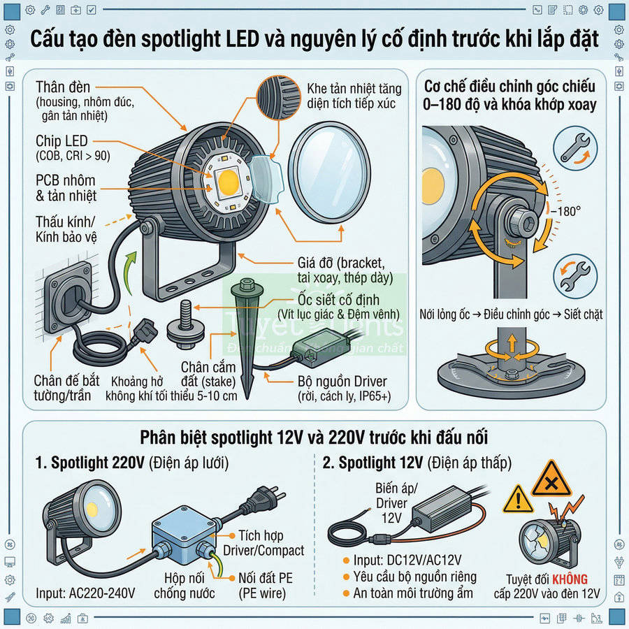 Cấu tạo đèn spotlight LED ngoài trời, các bộ phận chính và cách phân biệt spotlight 12V và 220V