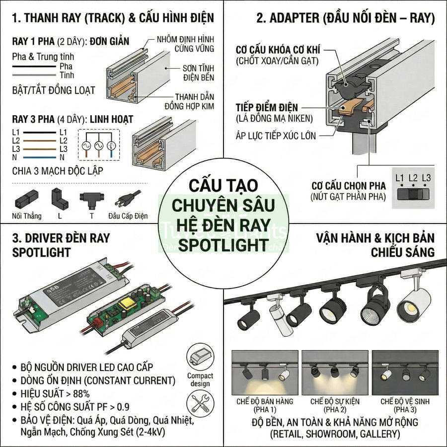 Cấu tạo chi tiết hệ đèn ray spotlight gồm thanh ray, adapter, driver và các chế độ chiếu sáng showroom