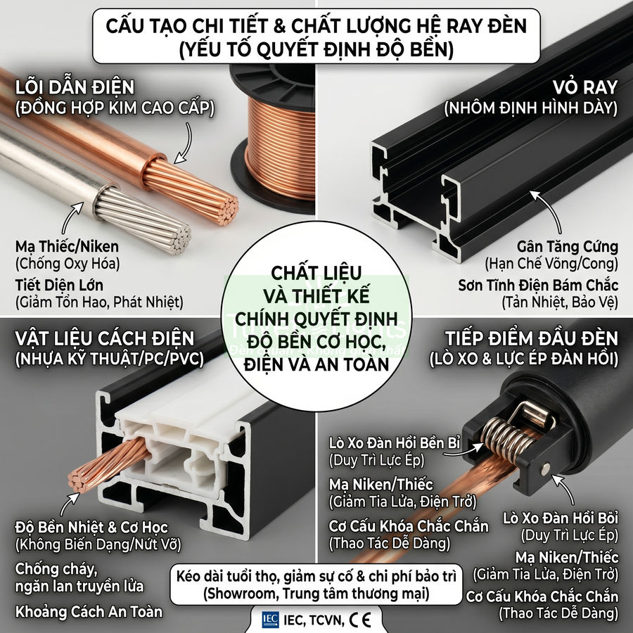 Cấu tạo chi tiết ray điện nổi bằng nhôm định hình, lõi đồng, nhựa cách điện và tiếp điểm lò xo đàn hồi