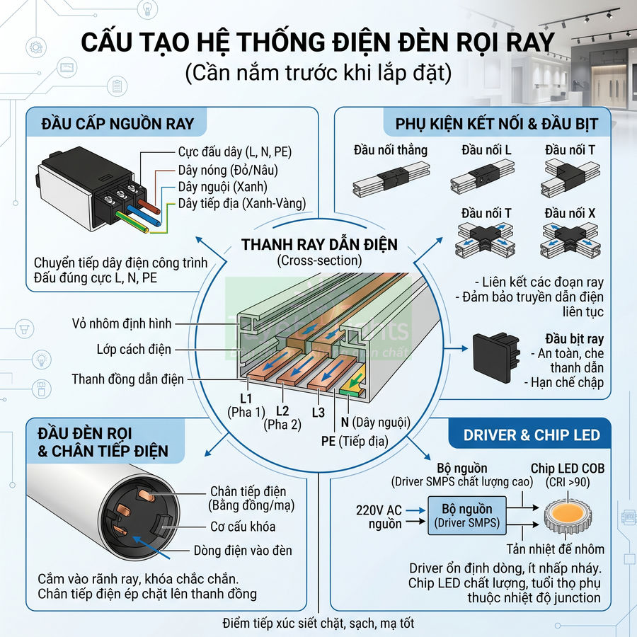 Cấu tạo hệ thống điện đèn rọi ray với thanh ray dẫn điện, đầu cấp nguồn, phụ kiện nối ray và driver chip LED