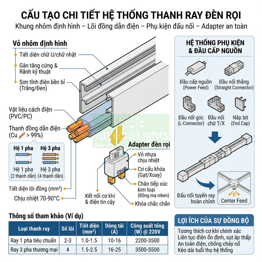 Cấu tạo chi tiết hệ thống thanh ray đèn rọi nhôm định hình, lõi đồng dẫn điện và phụ kiện đầu nối, adapter an toàn