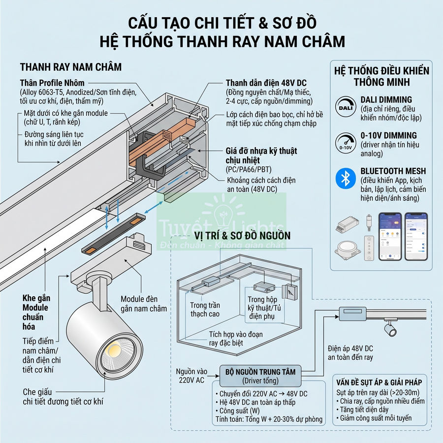 Sơ đồ cấu tạo chi tiết hệ thống đèn ray nam châm 48V DC và bộ điều khiển chiếu sáng thông minh