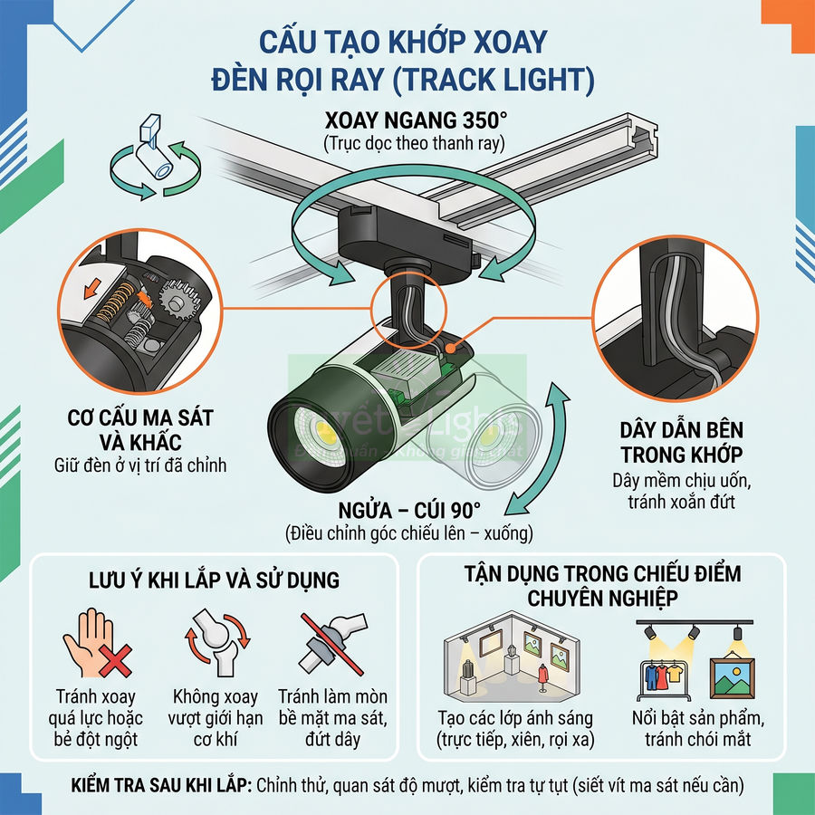 Cấu tạo khớp xoay đèn rọi ray track light với khả năng xoay 350 độ và ngửa cúi 90 độ khi lắp trên thanh ray