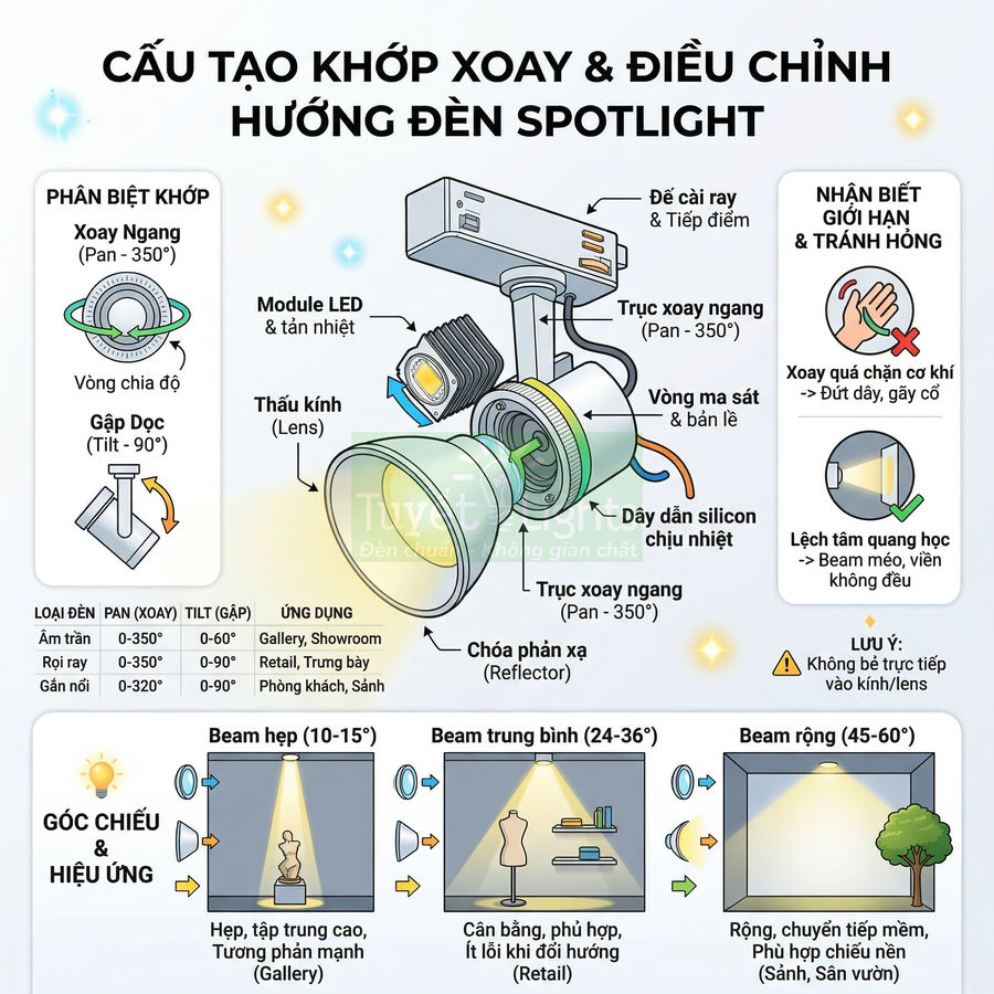 Cấu tạo khớp xoay và điều chỉnh hướng đèn spotlight LED gắn ray, thấu kính và chóa phản xạ
