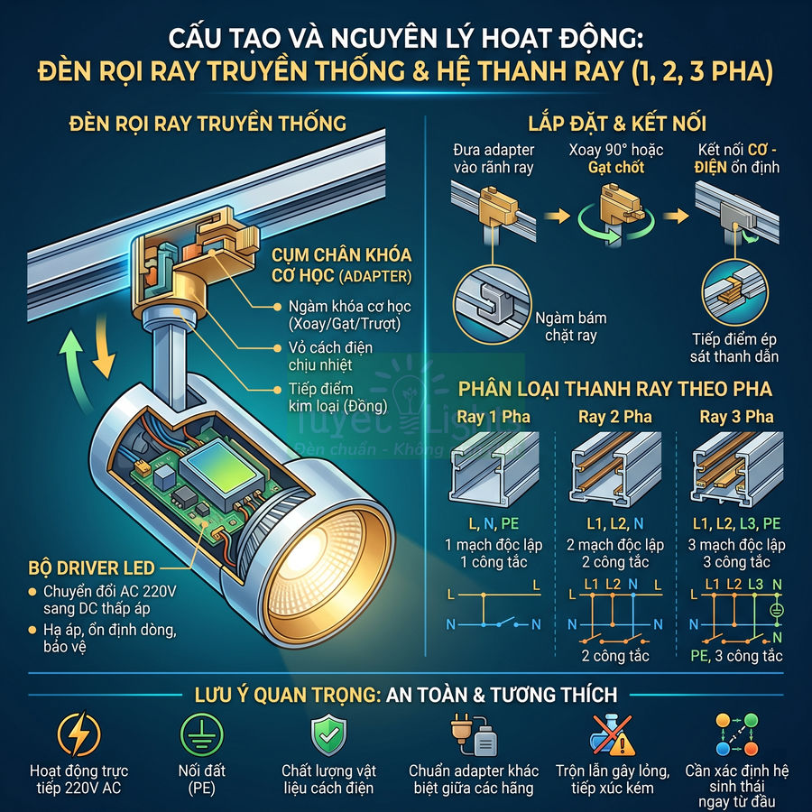 Cấu tạo và nguyên lý hoạt động đèn rọi ray LED truyền thống và hệ thanh ray 1 2 3 pha